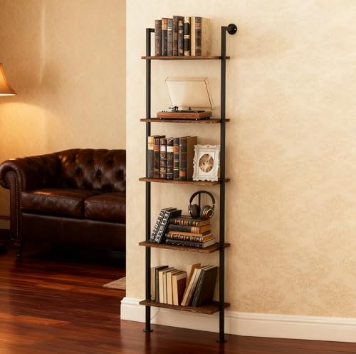Acovy 5-Tier Bookshelf Solid Wood Ladder Shelf, Narrow Book Shelf Display Shelf, Wooden Bookcase, Wall Mount Ladder Shelf, Storage Rack for Living Room, Bedroom, Industrial Style, Dark Brown - color: Dark Brown
