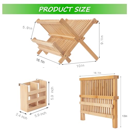 NOVAYEAH Bamboo Dish Drying Rack-2 Tier, Collapsible Small Dish Rack with Utensil Holder, Wooden Drying Rack for Kitchen Counter, Apartment Essentials Kitchen Plate Holder Organization 34 pcs Grid - color: 2-tier (Bamboo)