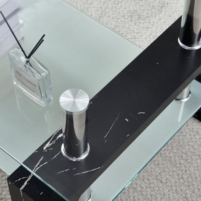 Living Room Rectangle Coffee Table, Tea Table Suitable for Waiting Room, Modern Side Coffee Table with Wooden Leg, Glass Tabletop with Lower Shelf, Black Marble Leg. - color: Black Leg