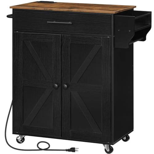 HOOBRO Kitchen Island with Power Outlet, Rolling Kitchen Island with Large Worktop, Kitchen Island Cart with Spice Rack and Drawer, Island Table for Dining Room, Rustic Brown and Black BF88UZD01 - color: Rustic Brown + Black