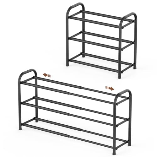 Gonfoam Expandable 3-Tier Shoe Rack for Closet and Entryway, Black | Tool-Free Assembly, Metal Material, Adjustable Shoe Organizer, Sturdy, Small Space Solution, Dorms, Garages, Apartments. - color: Black, size: 3 Tier