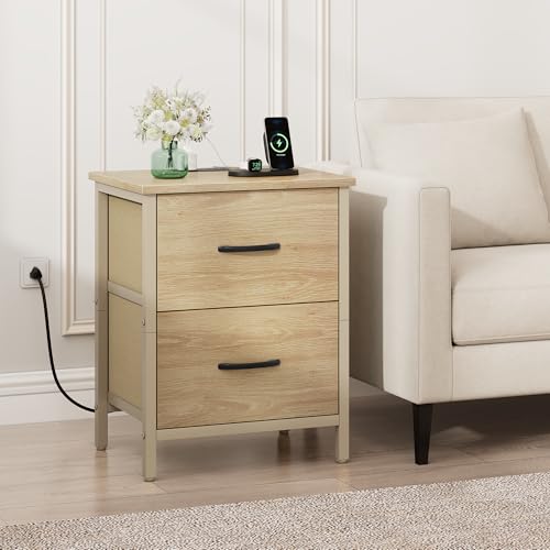 Vagusicc Nightstand Set of 2 with Charging Station, End Table Bedside Table with Power Outlet & USB Ports, Side Table with 2 Fabric Drawers for Bedroom, Living Room, Natural - color: Natural (2 Pack)
