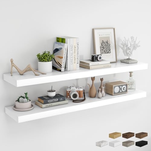 RICHFOCUS 55Inch Floating Shelves for Wall 2 Pack Shelves for Bedroom|Kitchen|Bathroom Wall Mounted Rustic Wood Floating Shelf with Invisible Brackets for Books|Storage|Decor, White - color: White, size: 55.1"L x 8"D, Set of 2