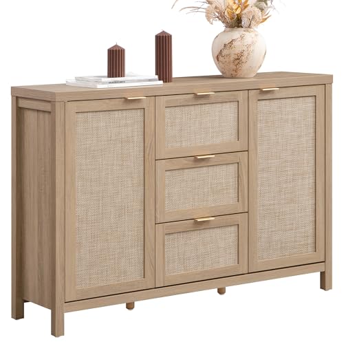 SICOTAS 52 Inch Sideboard Buffet Cabinet with Storage, Rattan Credenza | Farmhouse Boho Coffee Bar Cabinet Storage Cabinet with 3 Drawers, Console Table for Living Room, Kitchen, Hallway - color: Reclaimed Light Oak, size: 1 Piece
