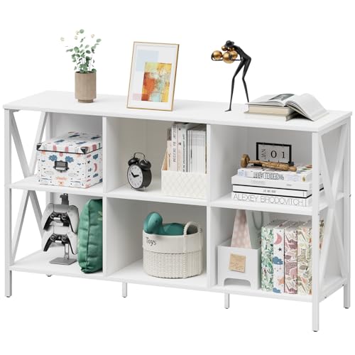 Adompacat Horizontal Bookshelf Bookcase,6 Cube Storage Organizer with Open Shelf,47 Inch Industrial Low Wide Wood and Metal Cubby Shelf,Long Shelving Unit for Home Office Living Room(White,6 Cube) - color: White, size: 6 Cube