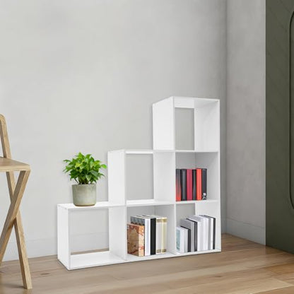 3-Tier Stepped Bookshelf, 6 Cube Storage Organizer Floor Standing Storage Shelf Modern Open Bookshelf for Home and Office (White) - size: 6 Cube L-Shaped