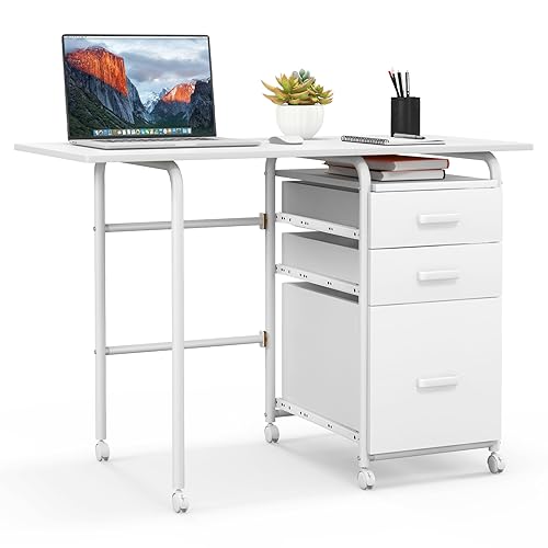 Giantex White Folding Desk for Small Space, Rolling Home Office Desk with 3 Drawers & Lockable Universal Wheels, Mobile Study Writing Desk for Dorm Apartment Bedroom - color: White