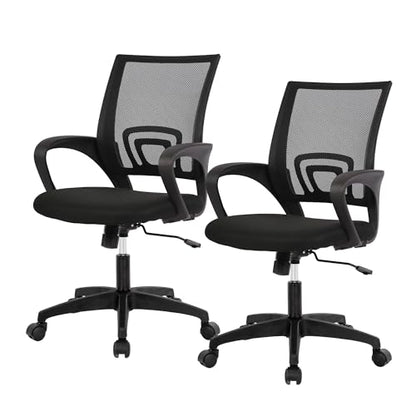 BestOffice | Ergonomic Office Chair | Mid-Back Swivel Desk Chair | Breathable Backrest & Lumbar Support | Adjustable Height | Sponge Seat | Rolling Wheels | Dark Black | for Adults & Women - color: Dark Black, style: pack of 2