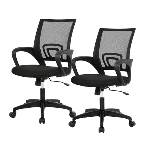 BestOffice | Ergonomic Office Chair | Mid-Back Swivel Desk Chair | Breathable Backrest & Lumbar Support | Adjustable Height | Sponge Seat | Rolling Wheels | Dark Black | for Adults & Women - color: Dark Black, style: pack of 2