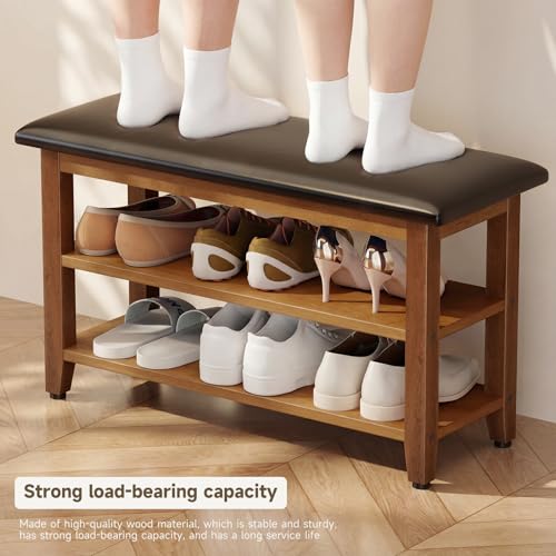 Shoe Bench with Leather Cushion,Rubberwood Bench with Shoe Rack | 2-Tier Shoe Storage Organizer for Entryway,Hallway,Living Room - size: 2-Tier-31.5"