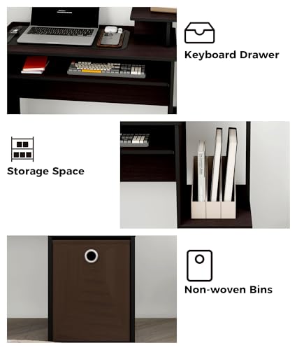 Small Computer Desk for Bedroom, Home Office Desk with Drawers Storage Shelves for Living Room Study Bedroom, Dark Walnut/Brown - color: Dark Walnut
