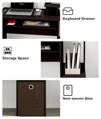 Small Computer Desk for Bedroom, Home Office Desk with Drawers Storage Shelves for Living Room Study Bedroom, Dark Walnut/Brown - color: Dark Walnut