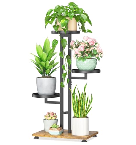 LASZOLA Black 3 Tiered Plant Stand Indoors Heavy Duty Metal Rack, Sturdy Multi Level Shleving Hold Flowers, Larger House Decorate Ladder for Planting Inside Tree Herb Cactus, Wooden Base, Space Saving - color: Modern Black, size: 3 Tier