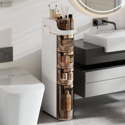 VECELO 4-Tier Slim Bathroom Storage Cabinet with Wheels, Skinny Bathroom Storage Cabinet with Drawers, Toilet Paper Holder, Movable Narrow Floor Cabinet for Small Space, Bathroom - size: 16.14" x 6.69" x 34.84"