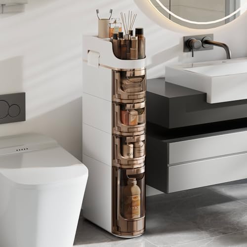 VECELO 4-Tier Slim Bathroom Storage Cabinet with Wheels, Skinny Bathroom Storage Cabinet with Drawers, Toilet Paper Holder, Movable Narrow Floor Cabinet for Small Space, Bathroom - size: 16.14" x 6.69" x 34.84"