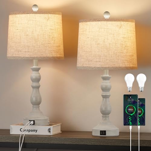 Farmhouse Side Table Lamps for Living Room Set of 2 with USB C+A Ports, Bedside Lamp for Bedroom, Dining Room Decor, Office, End Table, Knob Switch, 3 Color Temperatures, Bulb Included, Beige - color: D.Beige, Grey
