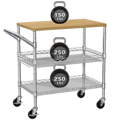 3 Tier Rolling Kitchen Carts on Wheels with Storage,650Lbs Heavy Duty Utility Carts with Wheels,Kitchen Island with Wood Tabletop,Metal Serving Rolling Cart for Small Appliance Food Cart,Wood+Metal - color: Wood+chrome