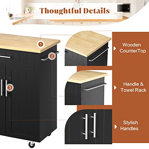 JY QAQA 26" Kitchen Island Cart on Wheels, Mobile Kitchen Storage Cabinet with Drawer & Shelves, Rolling Bar Cart with Towel Rack, Black