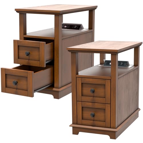 HIFYOBRO End Table with Flip Top Charging Station Set of 2, Narrow Side Table with 2 Drawers, Type-C & USB Port & Power outlets, Wooden Nightstand for Living Room and Bedroom - color: Glossy Brown, size: 1 Set