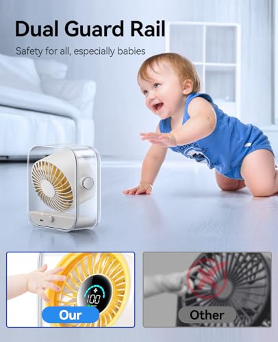 KIMMOO USB Desk Fan, Quiet Table Fan with Turbo Airflow, 100 Speeds, Digital Display, 90° Rotating, Small Rechargeable Battery Desktop Fans for Bedroom Home Office Travel, Ivory - color: Ivory