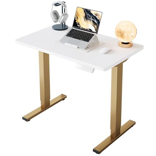 HUANUO 32" Small Electric Standing Desk Adjustable Height, 4 Memory Height Settings, Sit Stand Up Desk for Home Office & Computer Workstation, White and Gold Frame - color: White+gold Frame, size: 32" X 19"