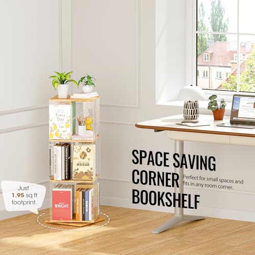 TAKEKIT 3-Tier Rotating Bookshelf, 360° Spinning Book Shelf Tower with Solid Wood & Clear Acrylic, Square Revolving Bookcase for Kids Room, Living Room, Bedroom and Office - color: Natural Square, size: 3-Tier