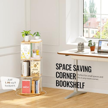 TAKEKIT 3-Tier Rotating Bookshelf, 360° Spinning Book Shelf Tower with Solid Wood & Clear Acrylic, Square Revolving Bookcase for Kids Room, Living Room, Bedroom and Office - color: Natural Square, size: 3-Tier