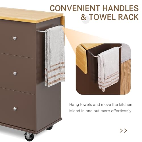 SUNLEI Kitchen Island with Storage Cabinet, Rolling Kitchen Table with Foldable Drop Leaf, Kitchen Island Cart on Wheels with Handle for Towel, Portable Islands for Kitchen (Brown, 39.7-INCH) - size: 39.7 INCH, style: Brown