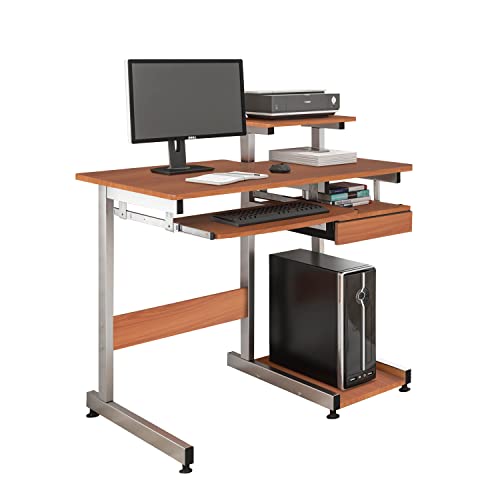 Techni Mobili 38"W Desk with Printer/Keyboard Tray & CPU Platform, Cherry | Compact workstation, home office computer desk, CPU storage, pull-out keyboard tray, small space furniture