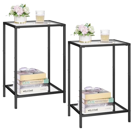 HOMSHO Side Tables Set of 2, End Tables with Tempered Glass, 2-Tier Nightstands with Storage Shelves, Coffee Table with Modern Style, Slim Sofa Table for Living Room, Bedroom, 11.8" D x 15" W, Black - color: Black, size: 11.8"D x 15"W x 23.6"H