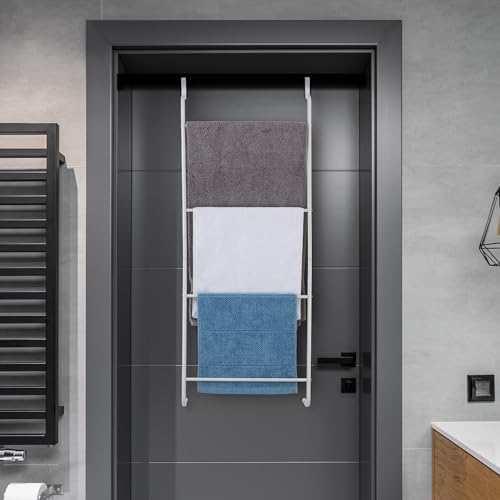 MyGift 4 Tier White Metal Over the Door Towel Rack Bathroom Holder Ladder | Space Saving Over Shower Door Drying Rack for Towels & Blankets, Linens Washcloths Clothing Guest Room Apartment Dorm