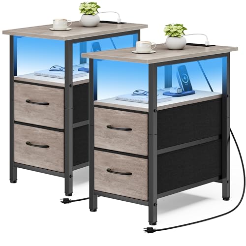 Vagusicc Set of 2 Nightstand with Charging Station and LED Lights, Narrow Side Table, LED Night Stand with 2 Fabric Drawers, Bedside Table Small End Table, Tall Nightstand for Bedroom, Rustic Grey - color: Greige, size: 2, style: With LEDs