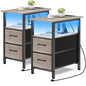 Vagusicc Set of 2 Nightstand with Charging Station and LED Lights, Narrow Side Table, LED Night Stand with 2 Fabric Drawers, Bedside Table Small End Table, Tall Nightstand for Bedroom, Rustic Grey - color: Greige, size: 2, style: With LEDs