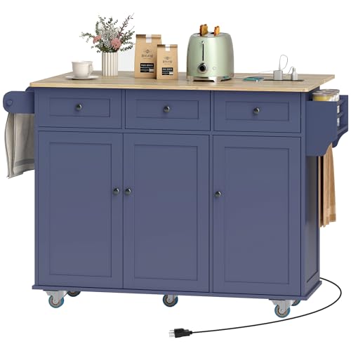 HOMCOM Kitchen Island with Drop Leaf and Power Outlet, Rolling Cart with Storage Cabinets, Solid Wood Island Table on Wheels for Kitchen with 3 Drawers, Towel Bars, Spice Rack, Dark Blue - color: Dark Blue