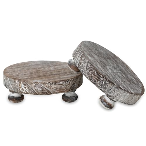 Romadedi Farmhouse Wood Riser for Display - Set of 2 Rustic Decor Mini Wooden Pedestal Stand Decorative Round Tray for Home Table Bathroom Counter Shelf Kitchen, Whitewashed - color: Whitewashed, size: 2 PCS