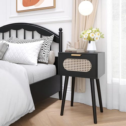 Nightstands Set of 2, Bedside Table with Rattan Door, Boho End Table with Solid Wood Legs for Bedroom, Living Room, Small Space Nightstands, Black Color, HNS001B - color: Black