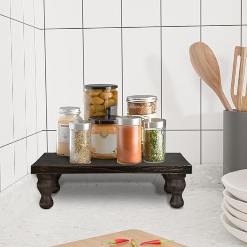 MAONAME Decorative Wooden Display Riser, Farmhouse Wood Pedestal Stand for Display, Rustic Washed Black Tray Riser for Kitchen, Home Table Decor, Short and Tall Footed