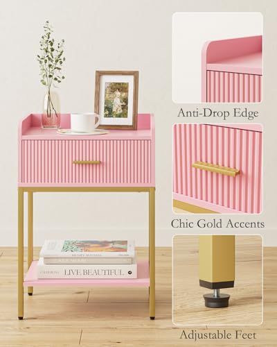 Nightstand, 3-Tier Bed Side Table, Small End Table, Night Stand with Open Shelf and Drawer, Bedside Table for Bedroom, Living Room, Pink - color: Pink, style: Without Charging Station