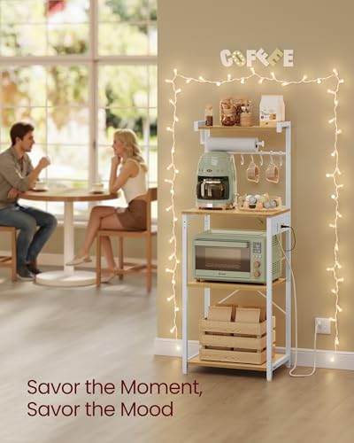 VASAGLE BARNET Collection - Kitchen Bakers Rack with Power Outlet, 17.7-Inch Wide Coffee Bar 4-Tier with 8 S Hooks, Modern Microwave Stand, Adjustable Shelf, Golden Oak and Cloud White UKKS013YA01 - color: Golden Oak + Cloud White, size: 17.7"W