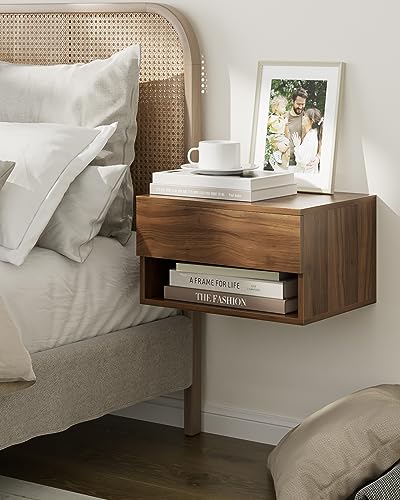 Floating Nightstand, Small Modern Floating Nightstand with Drawer, Floating Shelves for Bedroom, Bathroom (Brown Walnut) - color: Brown Walnut