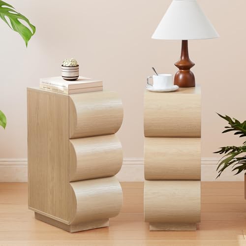 7.9" Narrow Side Table with Storage,Slim End Table for Small Space | Boho Nightstand Set of 2 with 3 Drawers, Modern Curved Design Bedside Table for Bedroom/Living Room, Easy Assembly - color: Natural, size: 2