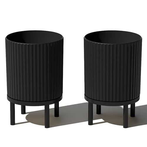 Veradek Demi Series Round Planter w/Stand for Porch/Patio | Durable Plastic-Stone Composite & Wooden Stand | Modern Décor for Tall Plants, Flowers - color: Black/Black, size: 12 inch - 2 Pack
