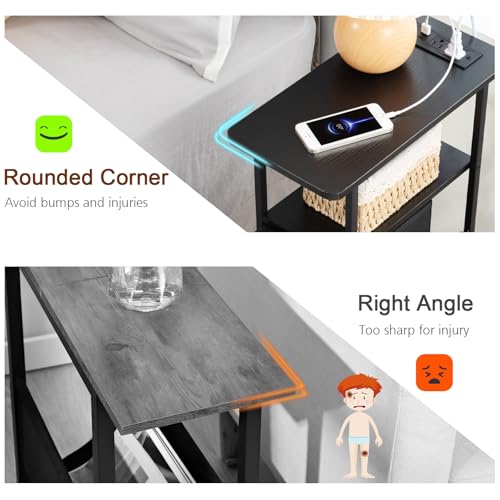 LOAKEKEL Narrow Nightstand with Charging Station, End Tables Living Room Set of 2, Skinny Side Table with Fabric Drawers, Slim Sofa Table for Bedroom, Small Spaces, Couch, Black, HETNDP02BK - color: Black, style: Power