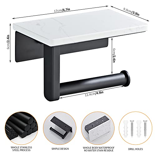 Matte Black Toilet Paper Holder with Shelf, 304 Stainless Steel Screw Wall Mounted, Marble Tissue Roll Holder with Storage - color: Matte Black