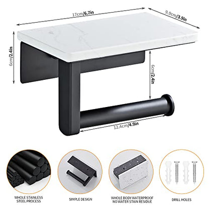 Matte Black Toilet Paper Holder with Shelf, 304 Stainless Steel Screw Wall Mounted, Marble Tissue Roll Holder with Storage - color: Matte Black