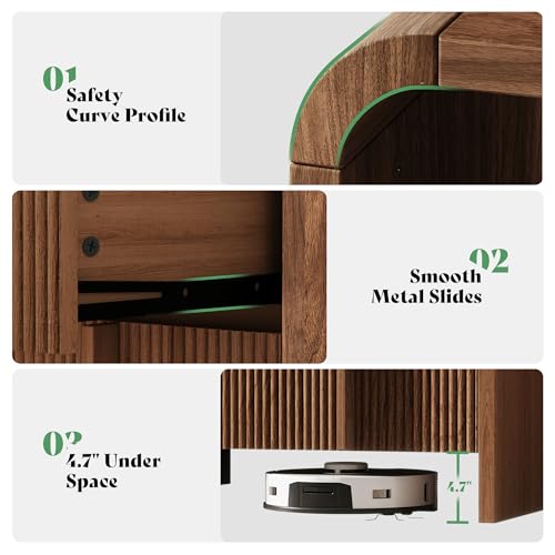 AMERLIFE Fluted Night Stand with Storage Drawers, Modern Small Nightstand & Bedside Table with Open Shelf, Curved Profile Design & Pine Handles, Wood End Table for Bedroom, Walnut - color: Walnut