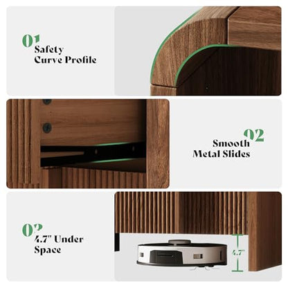AMERLIFE Fluted Night Stand with Storage Drawers, Modern Small Nightstand & Bedside Table with Open Shelf, Curved Profile Design & Pine Handles, Wood End Table for Bedroom, Walnut - color: Walnut
