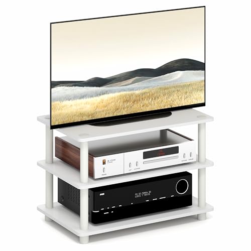 Furinno Turn-N-Tube TV Stand, 3-Tier Corner Entertainment Center with Open Shelves, Toolless TV Console for TV up to 32 Inch, Open Back, Easy Assembly, for Living Room, Bedroom, White - color: White/White, size: 3-Tier