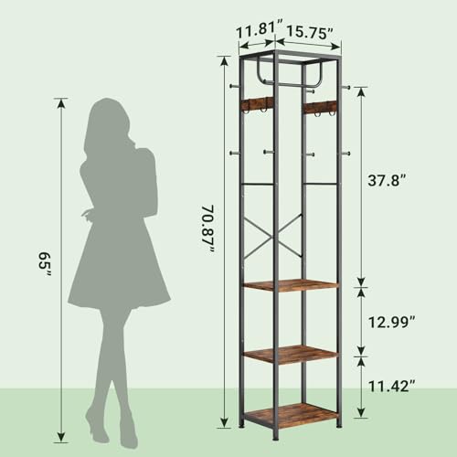 ELYKEN Coat Rack Freestanding, Hall Tree with 3 Storage Shelves and 12 Hooks, Industrial Clothes Rack Stand Organizer for Bedroom, Hallway, Entryway, Office, Living Room, Rustic Brown - color: Rustic Brown