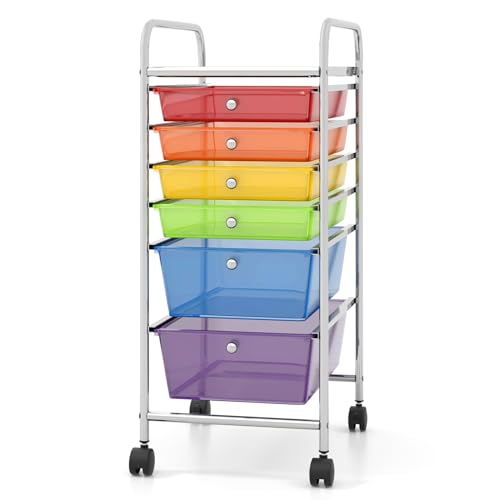 COSTWAY 6-Drawer Rolling Storage Cart, Art Craft Tools Organizer on Wheels | Multifunctional Heavy Duty Utility Mobile Storage Trolley w/ 2 Lockable Wheels for Home Office School (Rainbow) - color: Rainbow, size: 6 Drawer